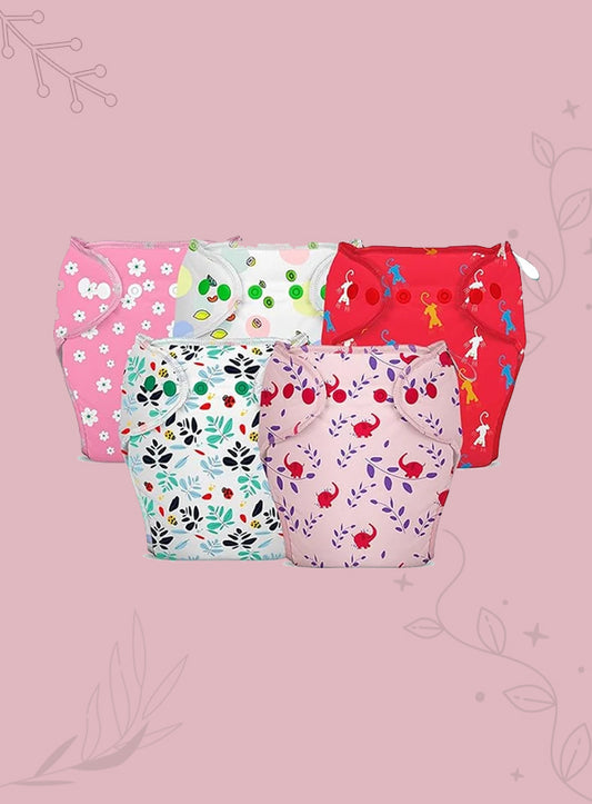 Bumberry New & Improved Smart Nappy | Holds Upto 3 Pees With Extra Absorbtion & 100% Leak Protection All in One Cloth Diaper - 5 Pcs - Kit 2