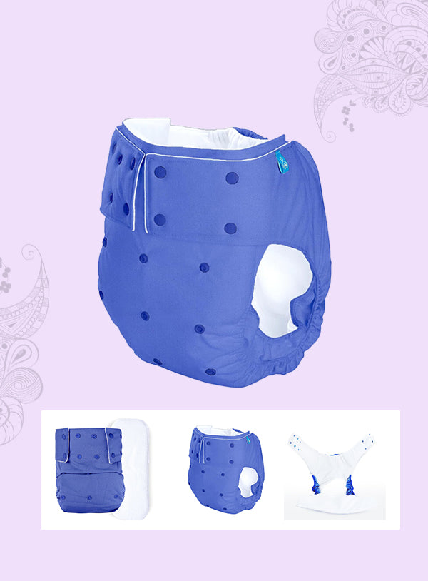 Adult Cloth Diaper - Waist Size 28-36 inch - Senior Reusable Washable for Older Men & Women with 2 Wet Free Four Layer Inserts for Day & Night Incontinence & Bedwetting, (Deep Blue)